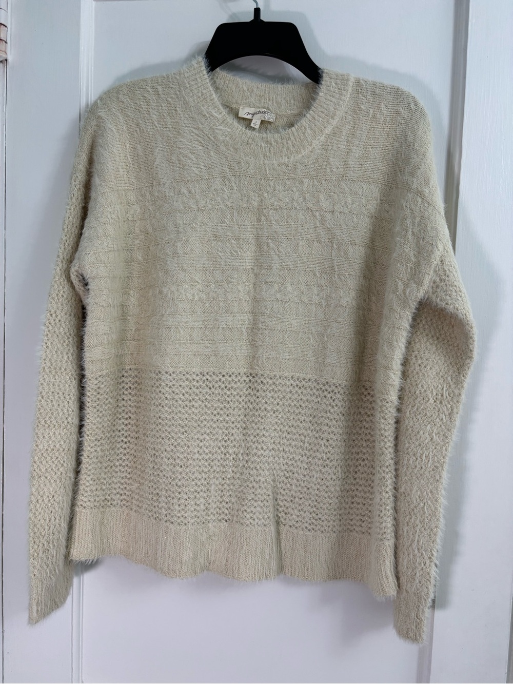 Mystree Cream Textured Knit Crewneck Sweater